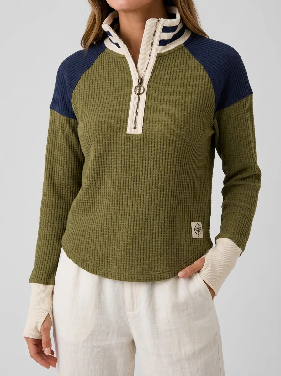 Textured Casual Colorblock Waffle Knit Quarter Zip Pullover Top