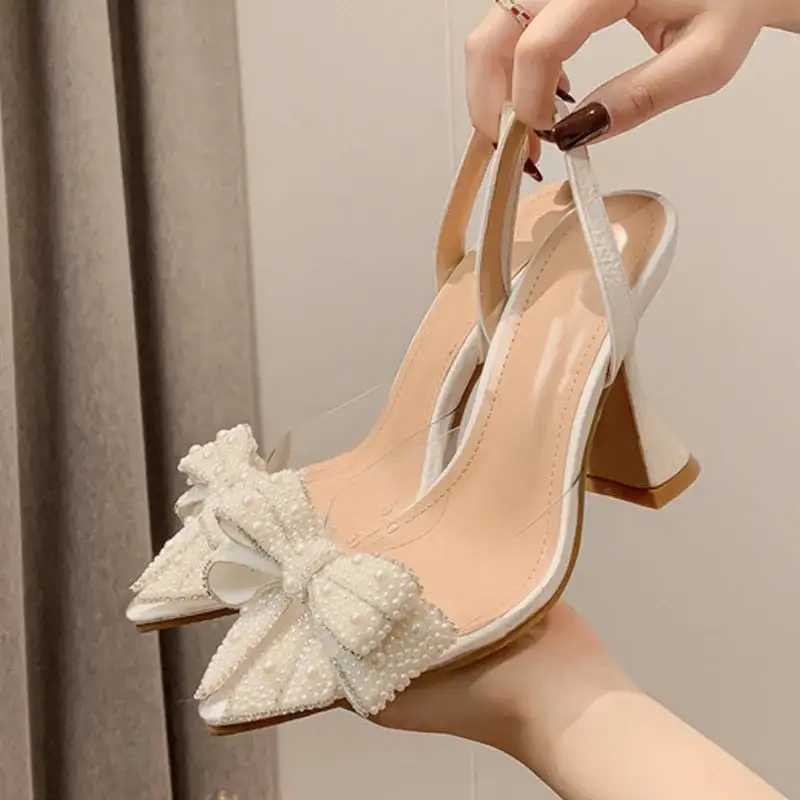 Pearl-Detail Bow-Detail Pointed-Toe Pumps