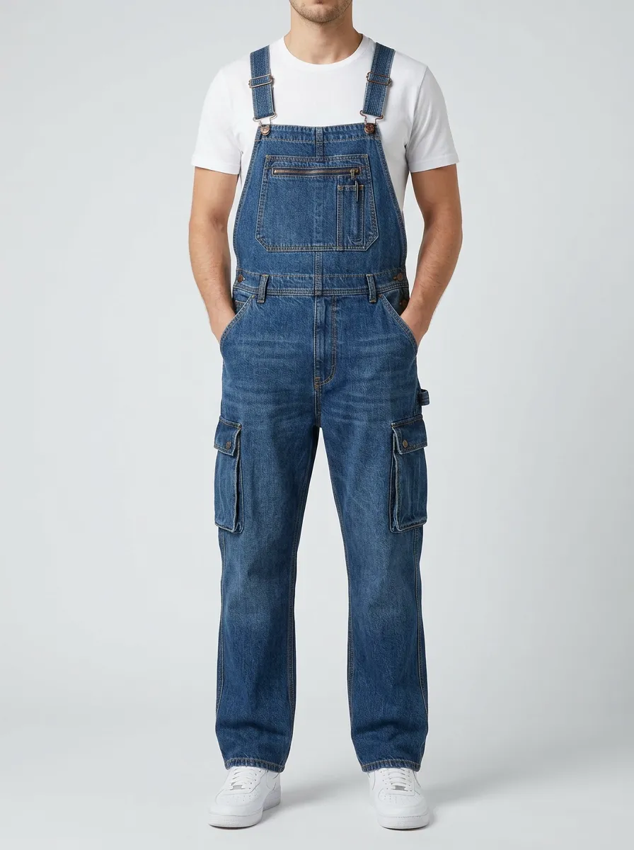 Men's Casual Blue Denim Cargo Bib Overalls