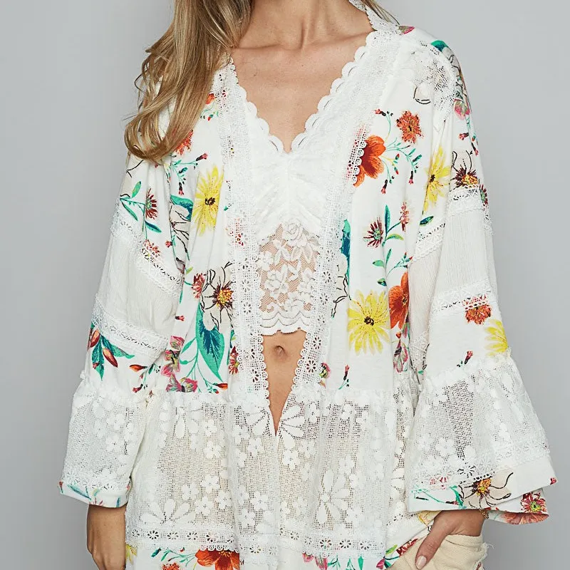 Classic Open Front Lace Detail Floral Detail Cardigan