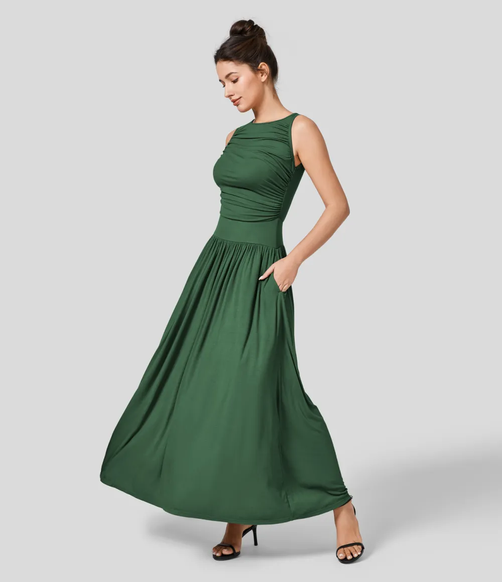 Ribbed Boat Neck Ruched Side Pocket Flowy Maxi Casual Dress