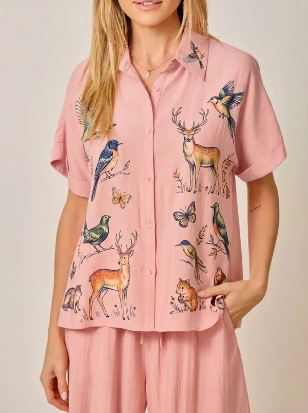 Women's Nature Deer Bird Butterfly Graphic Button-Up Shirt