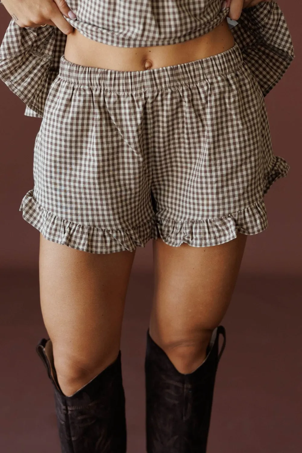 Cotton Gingham Ruffle Trim Casual Shorts