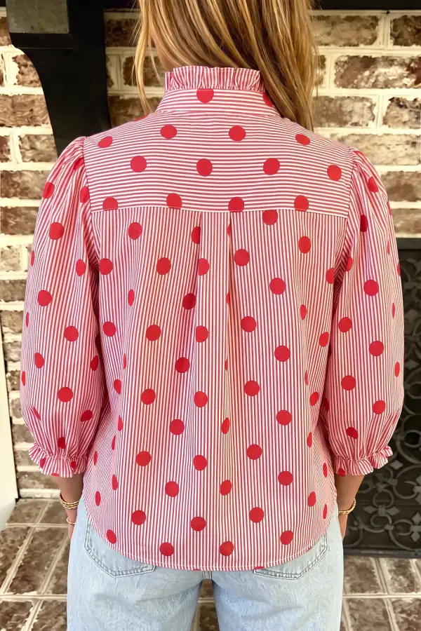 Women's Striped Polka Dot Stand Neck Blouse