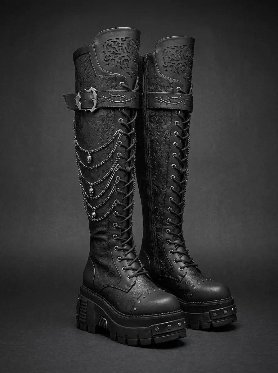 Dark Skull Chain Embossed Darkwear Style Women's Gothic Platform Knee High Boots