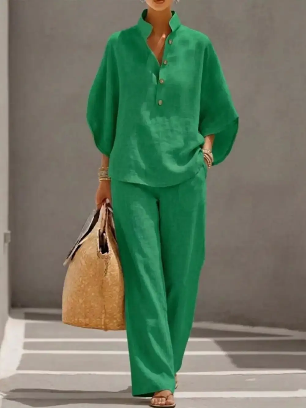 Full Size Button Detail Sleeve Top and Pants Set Plus Size