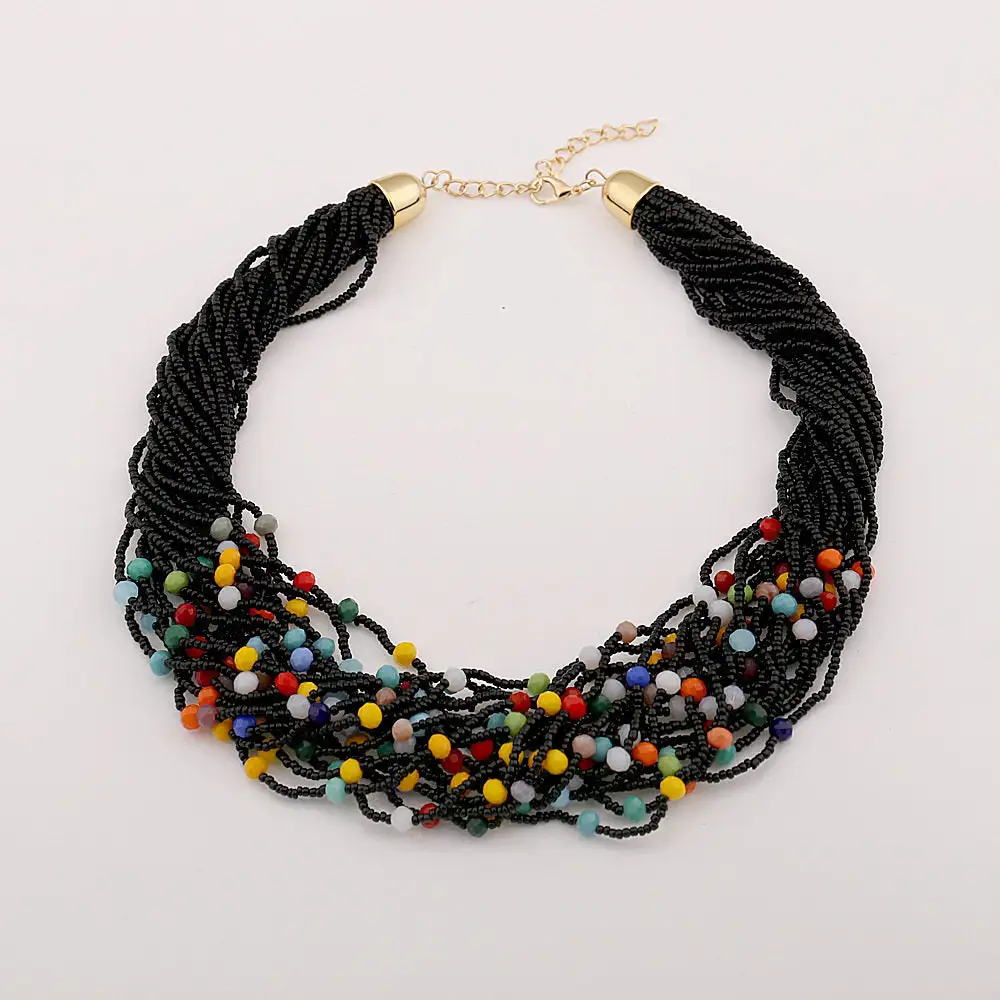 Multicolor Beaded Layered Necklace Ethnic Retro Style Collarbone Chain