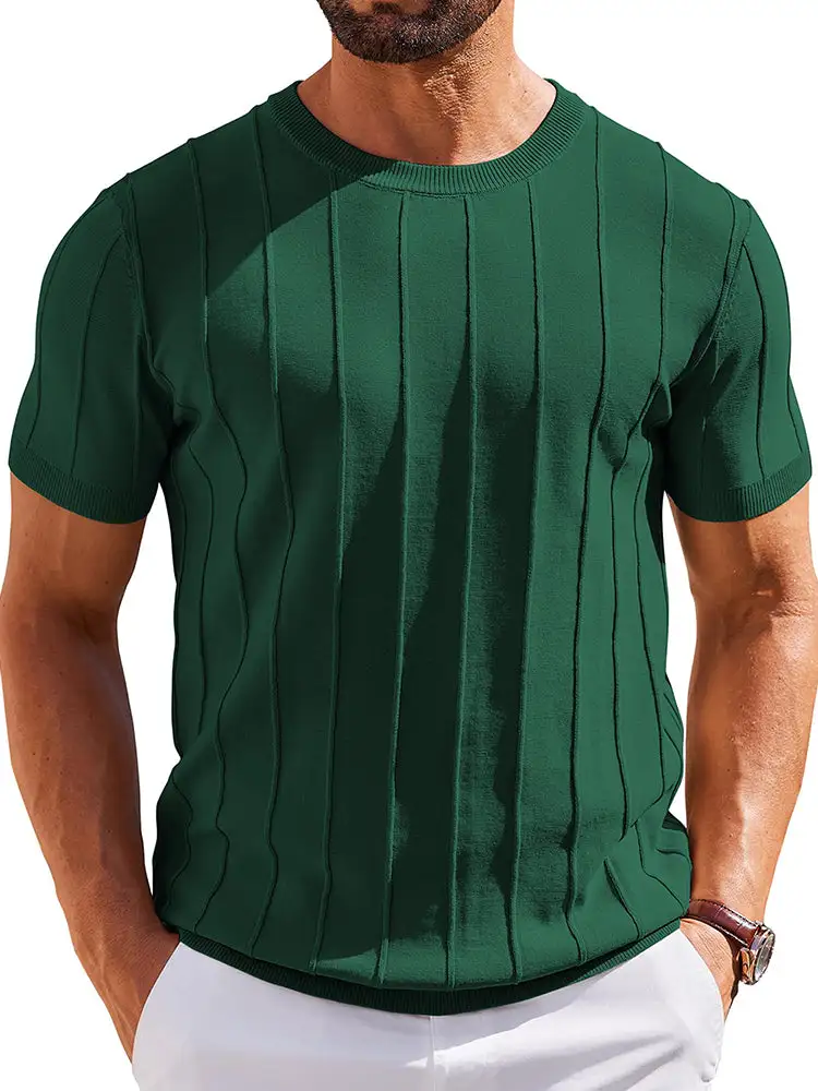 Casual Short Sleeve Shirt Ribbed Knit Pullover Tee