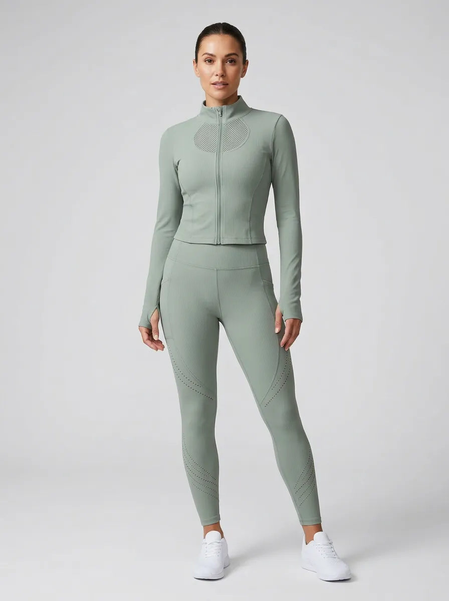 Everyday Ribbed Seamless Laser Cut Style Women's Sport Jacket and Leggings Set