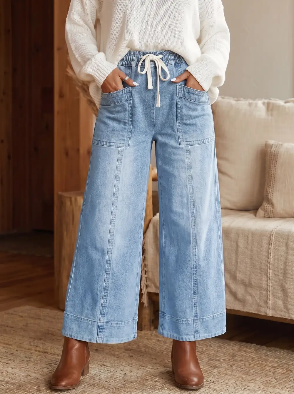 Drawstring Wide Leg Cropped Pocketed Casual Jeans