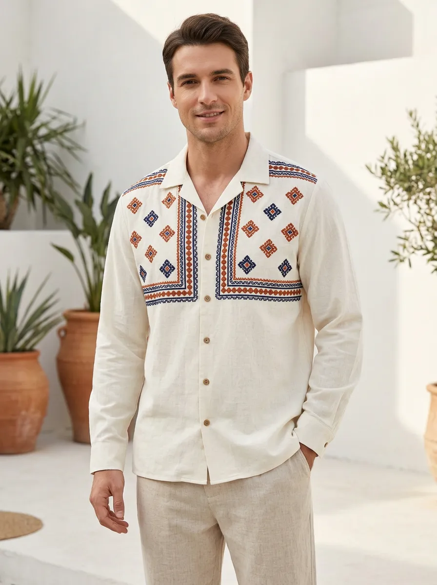 Men's Geometric Boho Embroidered Long Sleeve Shirt