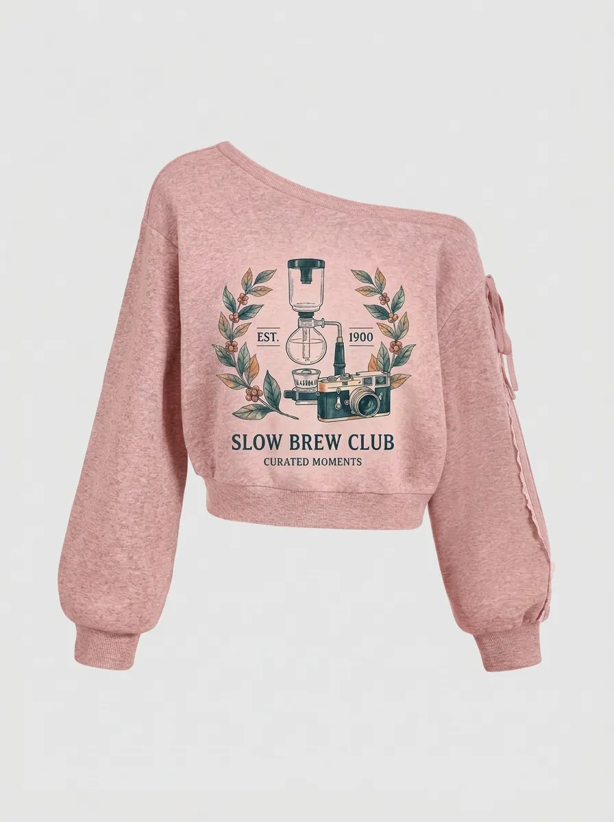 Women's Coffee Slow Brew Club Camera Graphic Off-Shoulder Sweatshirt