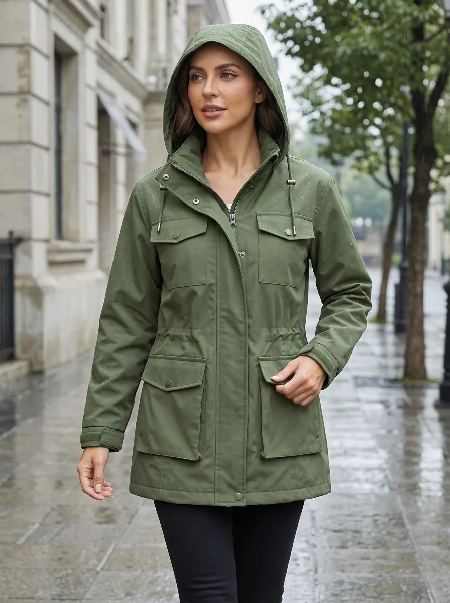 Women's Olive Green Hooded Waterproof Utility Jacket with a Stand Collar