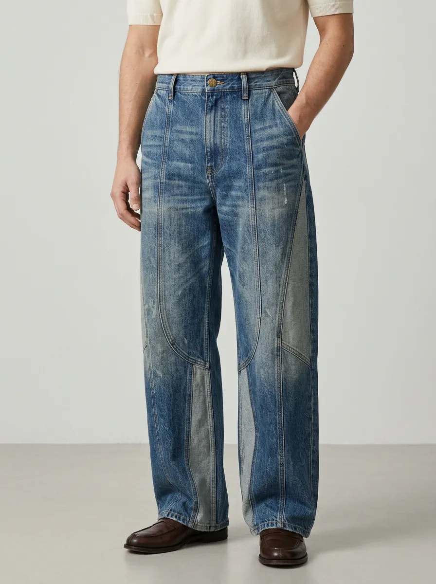 Men's Vintage Wash Paneled Wide Leg Jeans