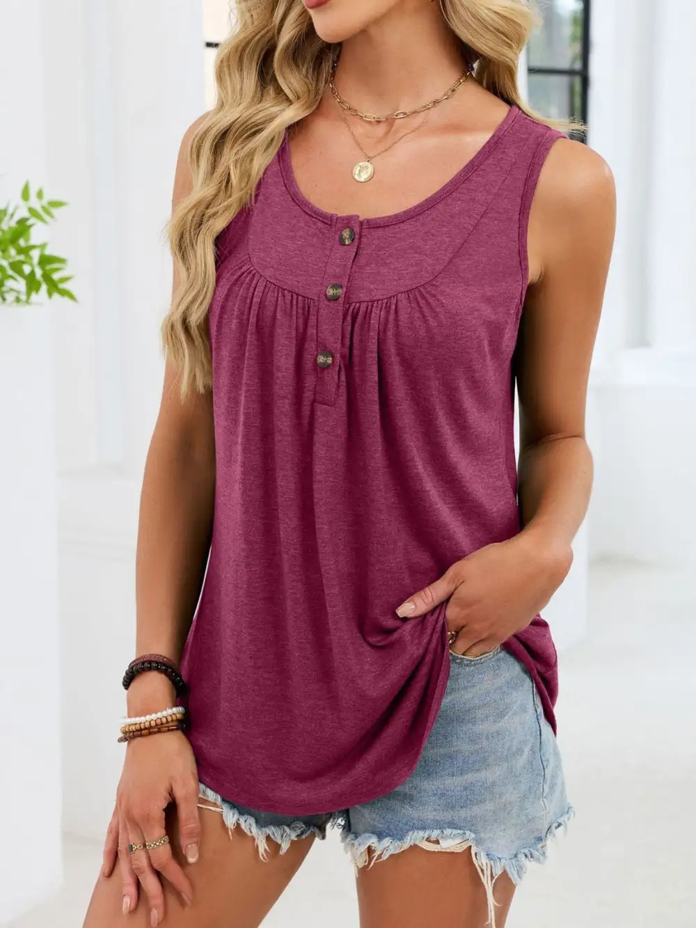 Round-Neck Buttoned Ruched Tank Top