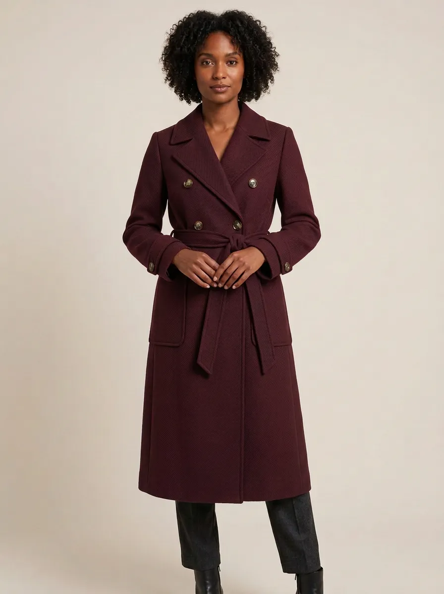 Women's Navy Double-Breasted Belted Wool-Blend Trench Coat