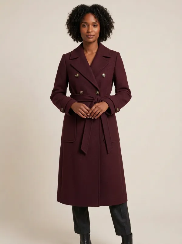 Women's Navy Double-Breasted Belted Wool-Blend Trench Coat