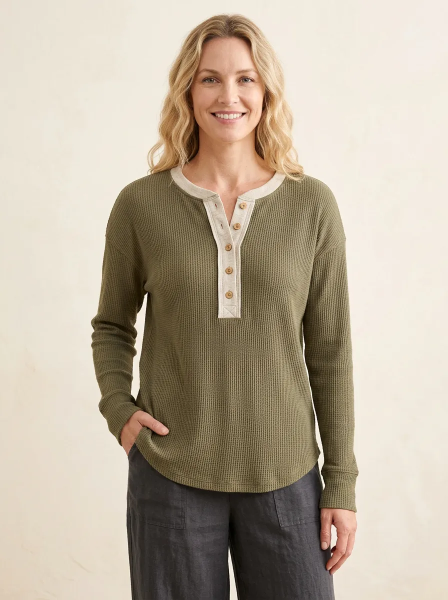 Women's Waffle-Knit Ribbed Button-Front Long-Sleeve Henley Shirt