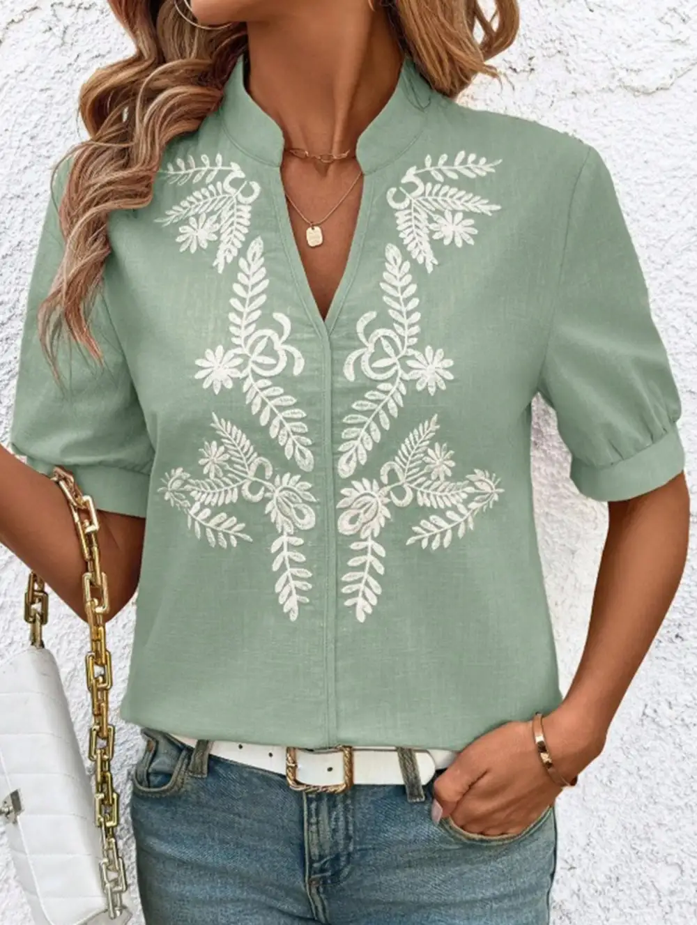 Everyday V Neck Embroidered Blouse