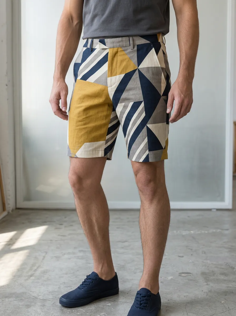 Men's Relaxed Geometric Mustard Tailored Shorts