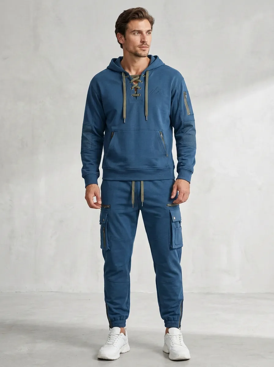 Trail-Inspired Lace-Up Multi Pocket Finish Men's Lace Up Hoodie And Cargo Jogger Set