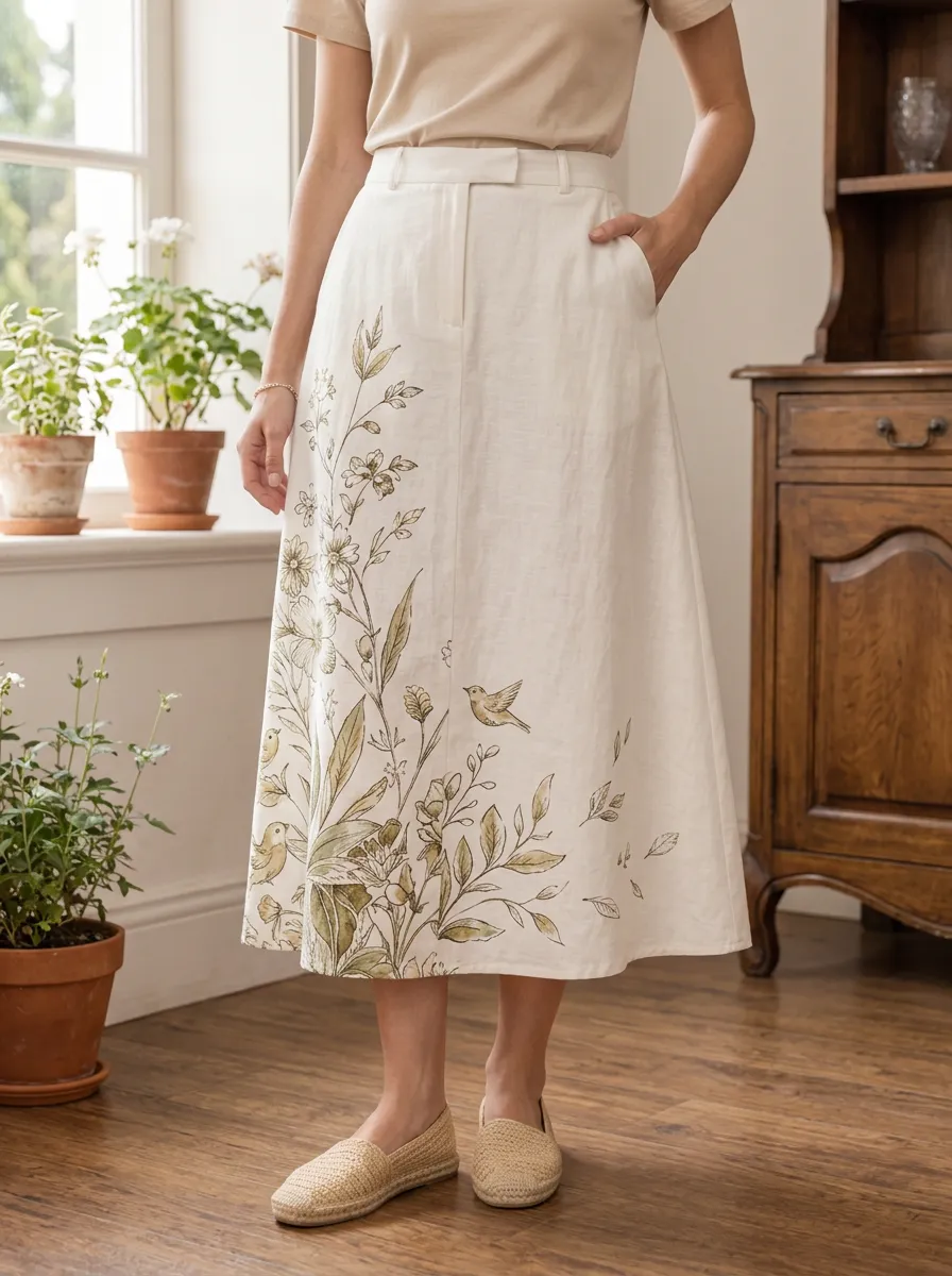 Women's Botanical Bird Lover Floral Printed Midi Skirt