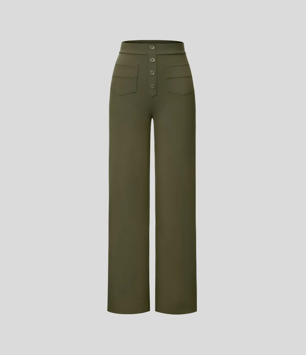 High Waisted Button Multiple Pockets Straight Leg Casual Pants