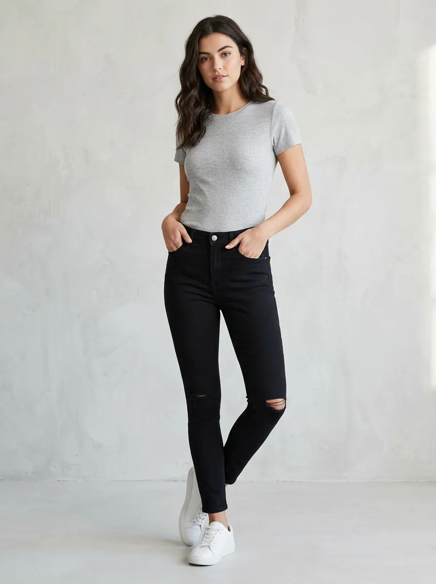 Women's Classic Fit Jeans with Distressed Detail in Black