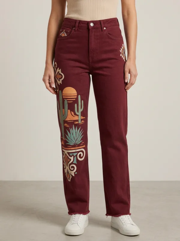 Women's Western Desert Cactus Sunset Printed Straight Leg Jeans