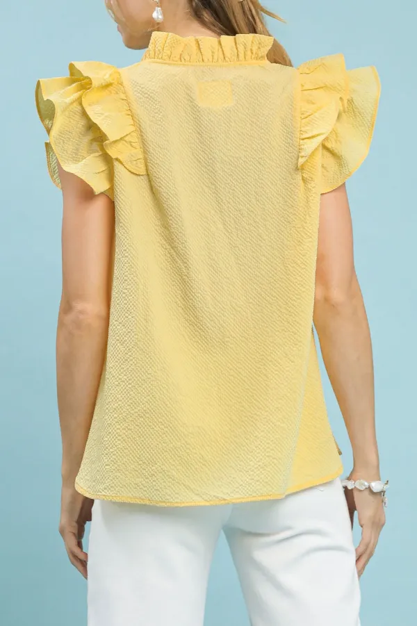 Textured Ruffle Sleeve V-Neck Blouse