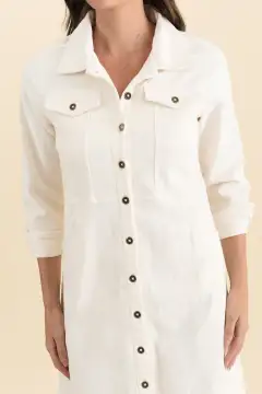Button-Front Knee-Length Cotton Pocket Collared Long-Sleeve A-Line Dress