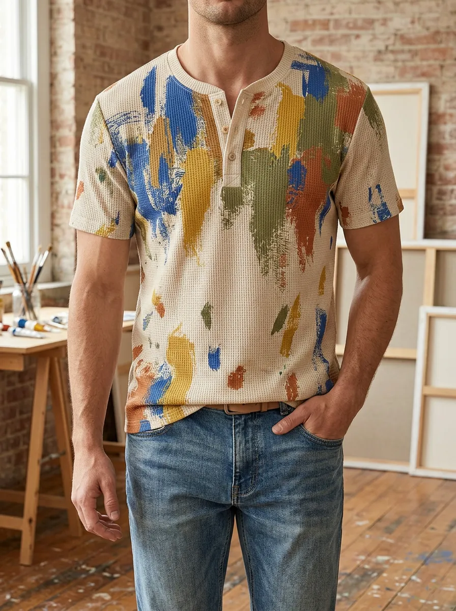 Men's Modern Abstract Paint Stroke Waffle Henley T-Shirt