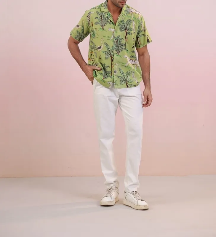 Green Jungle Print Mulmul Cotton Camp Collar Shirt