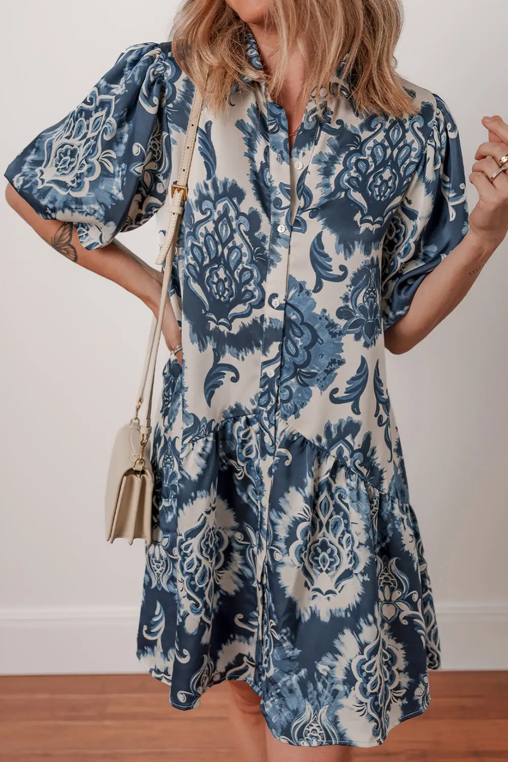 Floral Button Front Collared Mini Dress