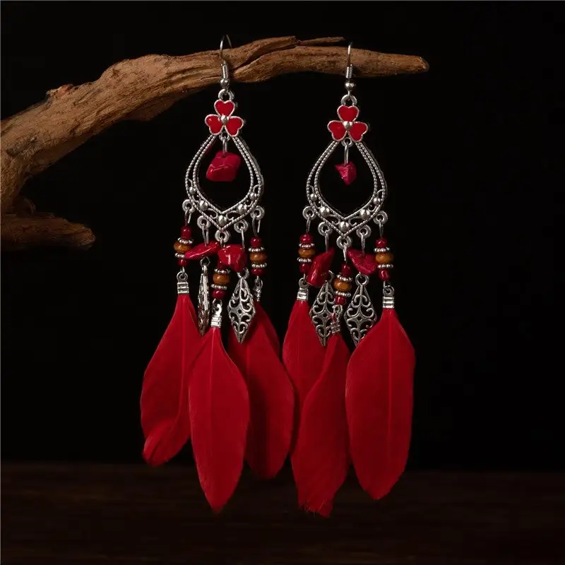 Feather Tassel Alloy Drop Earrings