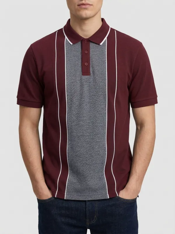 Men's Vintage Style Navy Grey Striped Panel Polo Shirt