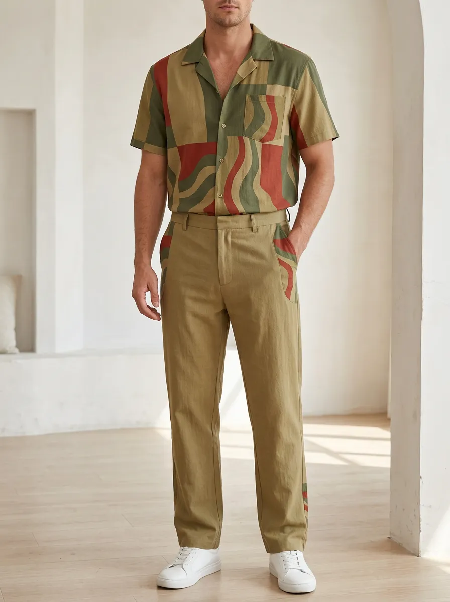 Men's Abstract Geometric Wave Printed Casual Set