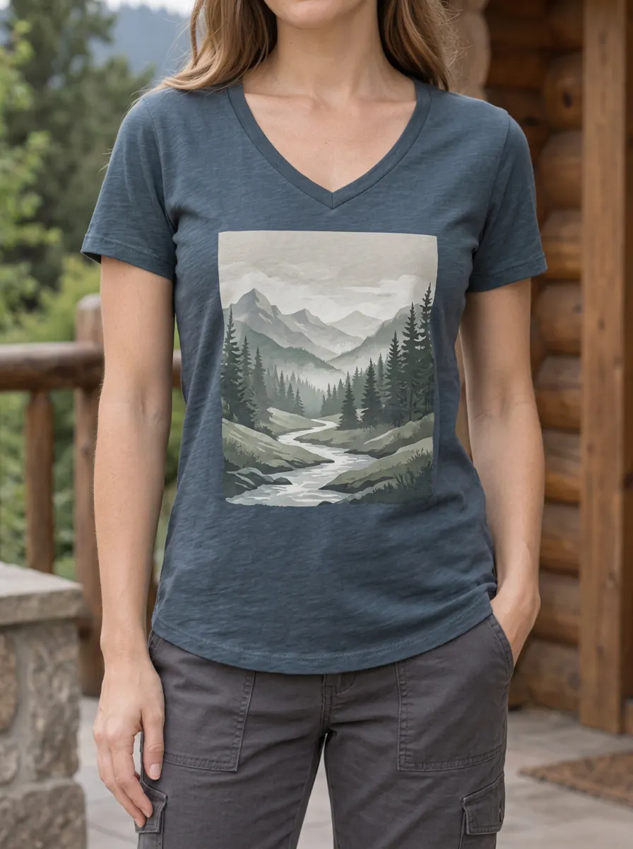 Women's Nature Lover Mountain Forest River Printed V-Neck T-Shirt