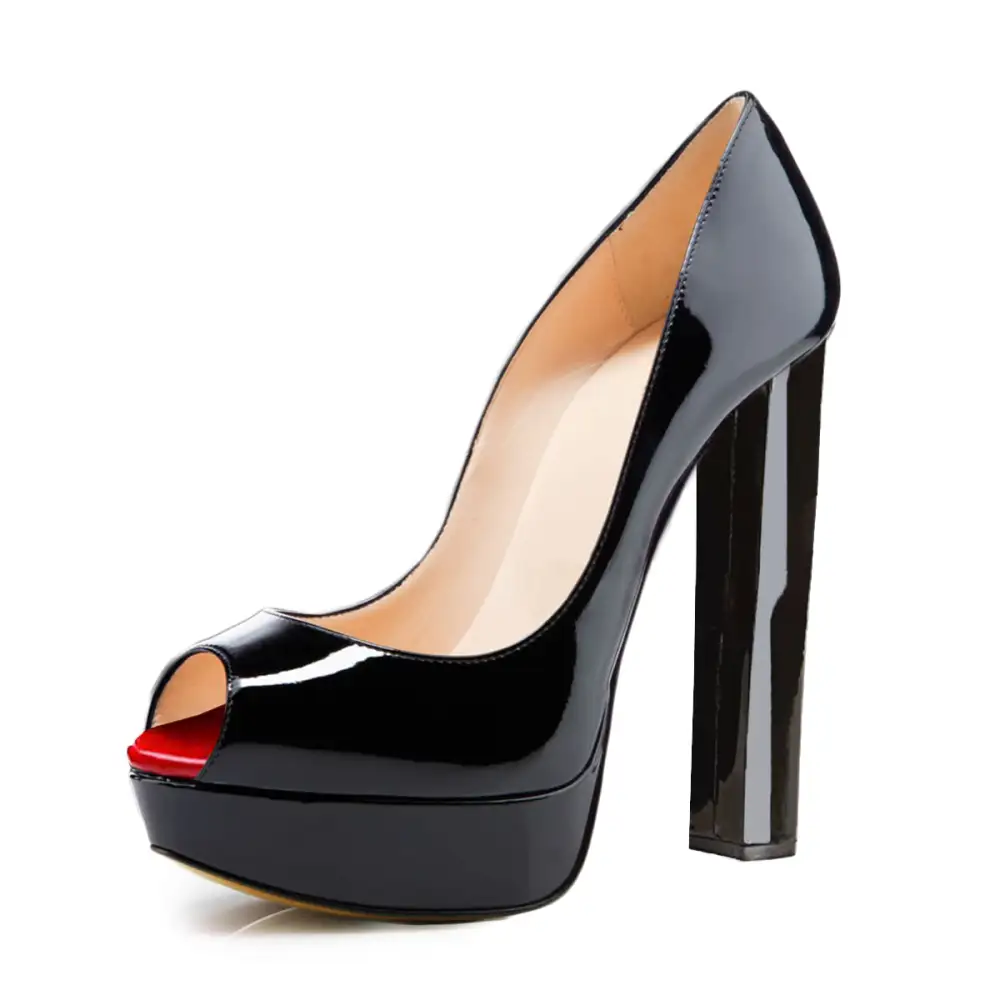Patent Finish Peep Toe Platform Chunky Heel Pumps