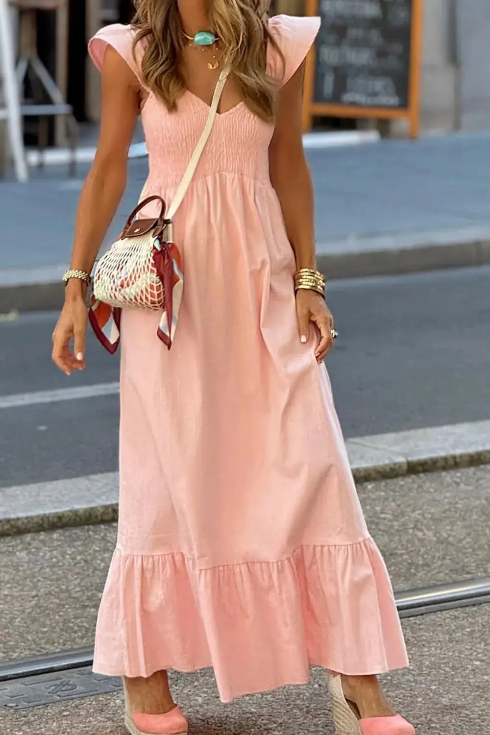 Relaxed Ruffle Trim Smocked Dress