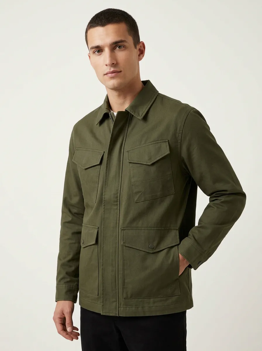 Men's Casual Military Style Olive Green Utility Field Jacket