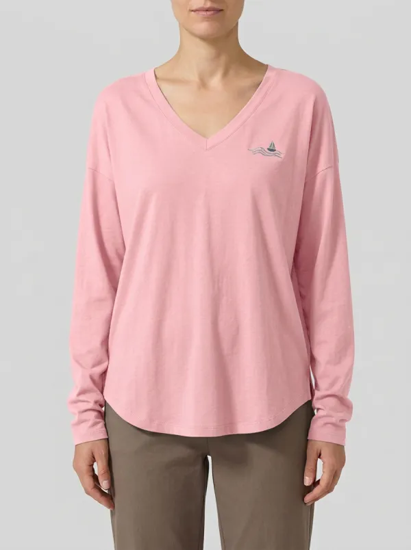 Women's Dropped-Shoulder V-Neck Long-Sleeve T-Shirt with Sailboat Embroidery