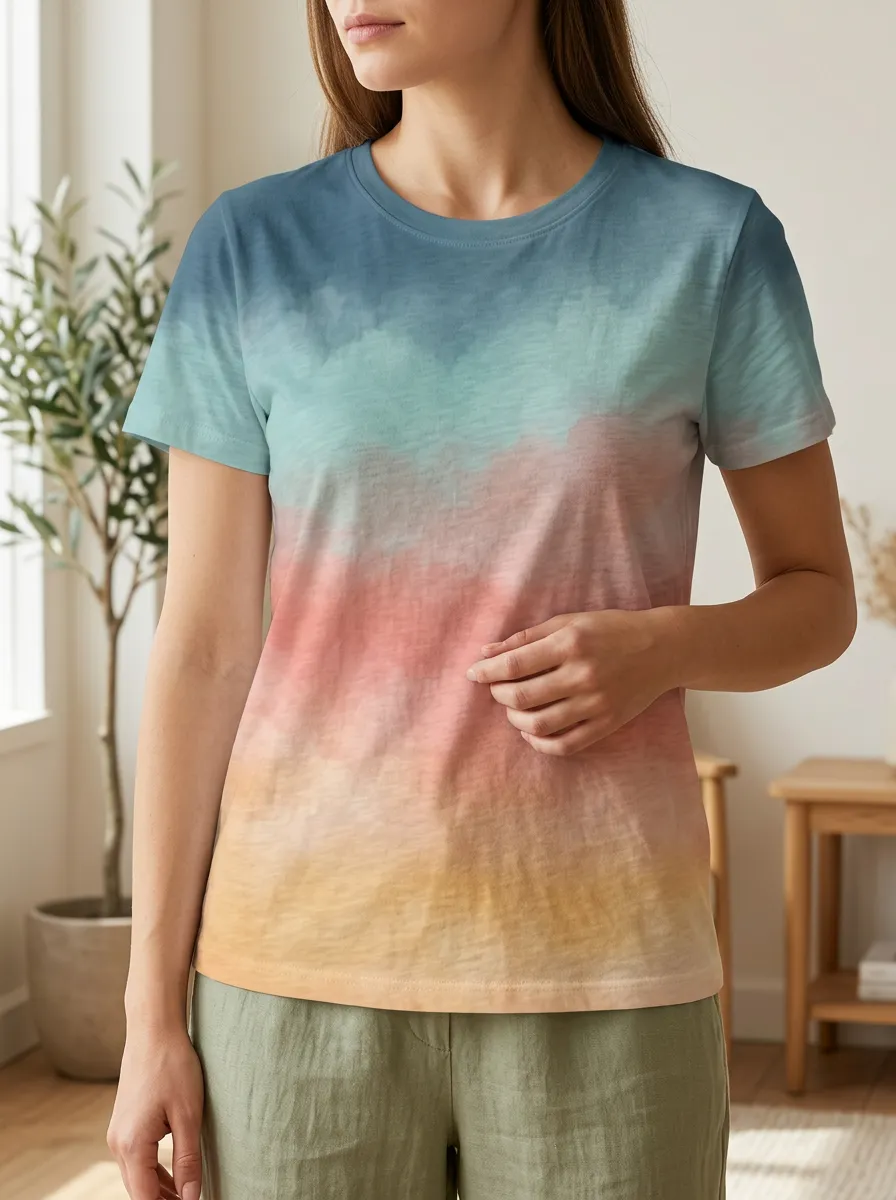 Women's Pastel Ombre Sunset Printed Crewneck T-shirt