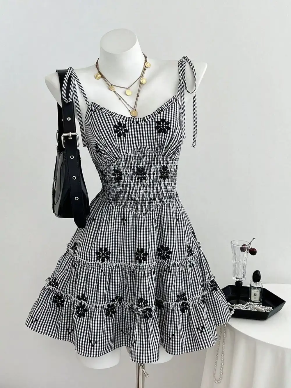 Gingham Floral Tiered Mini Dress
