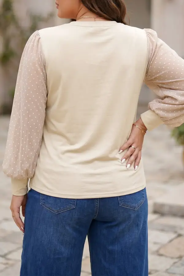 Polka Dot Round Neck Relaxed Stretch Fabric Long Sleeve Blouse