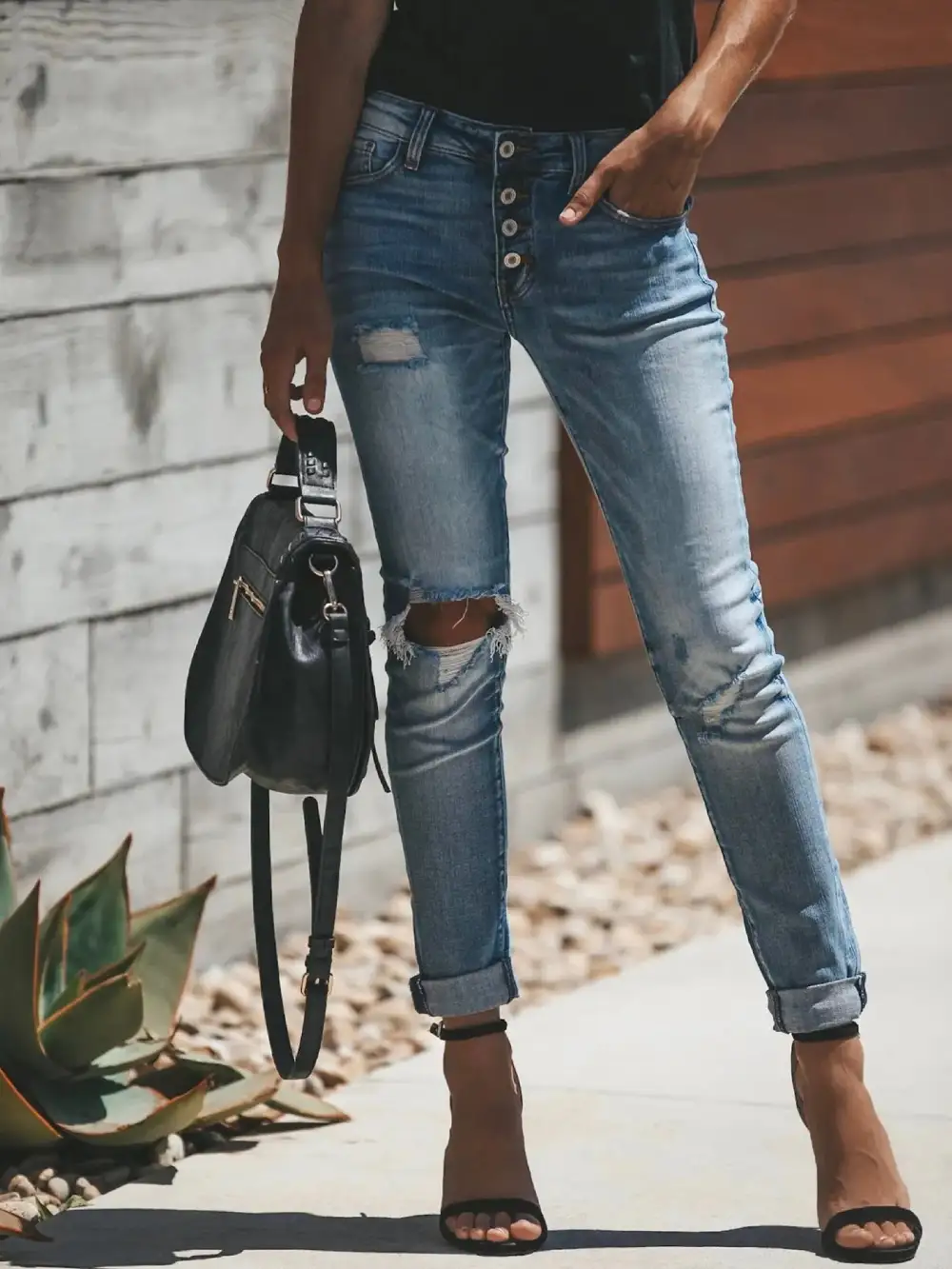 Skinny Distressed Button Denim Jeans