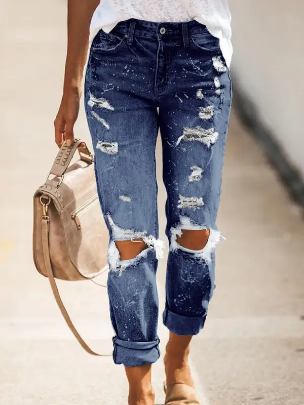 Relaxed Ripped Washed Pocketed Straight Leg Jeans
