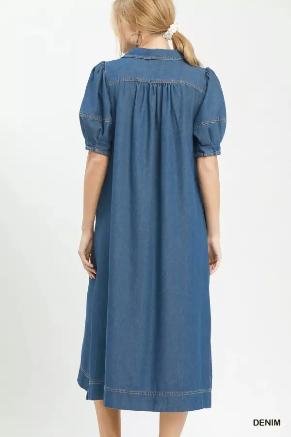 Collared Puff Sleeve A-Line Chambray Dress