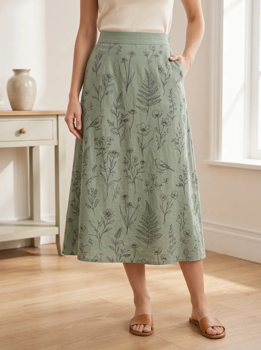 Women's Nature Lover Botanical Bird Floral Printed Midi Skirt