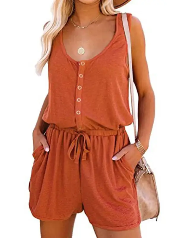 Sleeveless Jumpsuit Waist Tie Loose Wide Shorts